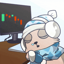 a cartoon drawing of a cat sleeping in front of a computer