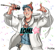 a cartoon drawing of a man with the name loml on his shirt