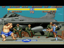 a fighter jet is in the background of a video game where a woman is kicking a man