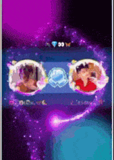 a purple and blue background with two people in circles and a diamond on top