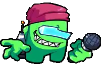 a green among us character is holding a microphone and wearing a hat .