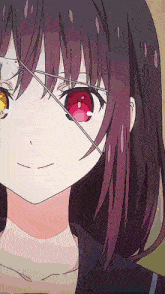 a close up of a girl with a red eye