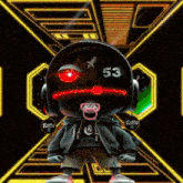 a cartoon character wearing headphones and a pacifier has the number 53 on his face
