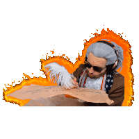 a man wearing a wig and sunglasses is writing on a piece of paper that says ' russia ' on it