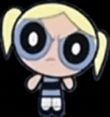 bubbles from the powerpuff girls is wearing glasses and has a very angry face .