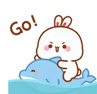 a cartoon bunny is riding a dolphin in the water and the word go is above it