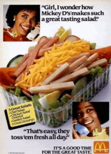 an advertisement for a mcdonald 's salad shows a woman talking on a phone