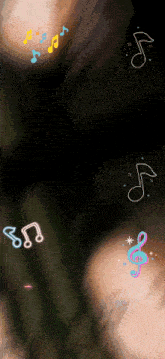 a blurry picture of a person 's face with music notes floating around