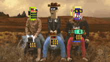 a group of people with their heads on their knees in a field with a cartoon network logo on the bottom