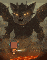 a cartoon of a cat standing next to a monster
