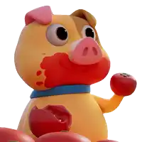 a cartoon pig with tomatoes in its mouth