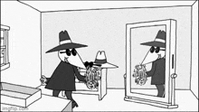 a black and white cartoon of two men in hats looking at their reflection in a mirror .