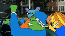 a cartoon of a frog wearing a blue hat that says ' x ' on it