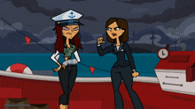 a cartoon of two women standing next to each other with the letter l in the corner
