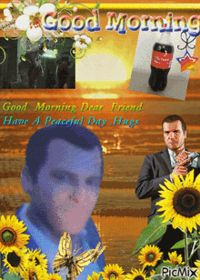a picture of a man holding a gun with the words good morning dear friend