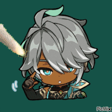 a cartoon drawing of a person with gray hair and blue eyes with picmix in the bottom right corner