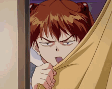 a cartoon of a girl making a funny face behind a curtain