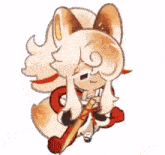 a cartoon sheep is holding a sword and a scarf around its neck .