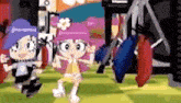 a couple of cartoon characters are standing next to each other on a field .