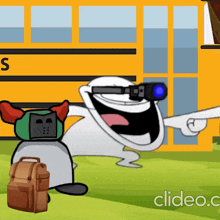 a cartoon character is pointing at a school bus with the letter s on the side