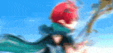 a blurry picture of a person with red hair and green scarf