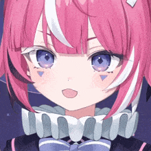 a girl with pink hair and blue eyes is wearing a white collar