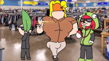 three cartoon characters are standing in front of a thrift store with a sign that says exchange