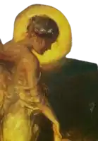 a close up of a painting of a woman with a yellow halo around her head