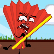 a cartoon drawing of a red fan with an angry face and a yellow stick