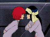 two anime girls with red hair and black hair are standing next to each other
