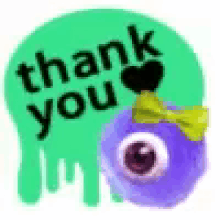 a sticker that says `` thank you '' with a purple monster and a heart .