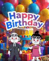 a happy birthday greeting card with cartoon characters and a cake