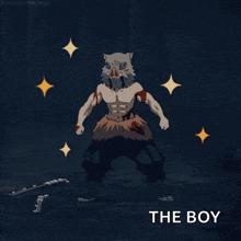 a cartoon of a man with a pig head and the words " the boy " above him