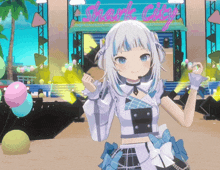 a girl in a shark city outfit stands in front of a stage