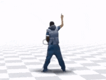 a man in a vest is dancing on a checkered floor .