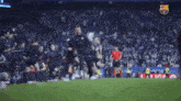a bunch of people are dancing on a soccer field .