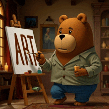 a teddy bear is painting the word art on a canvas with a brush