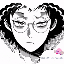 a black and white drawing of a man with glasses and the words othello de candle below him