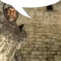 a man in armor is standing in front of a brick wall with a speech bubble above his head