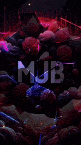the word mub is on a dark background with flowers