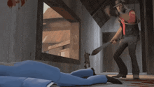 a man in a red vest is standing next to a man laying on the floor holding a sword