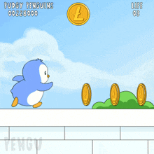 a penguin is holding a coin in a video game called puddy penguins