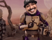 a man in a purple and gold armor with a helmet and a hat that says ' krazy '