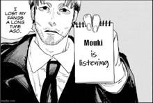 a man in a suit and tie is holding a notepad that says " mouki is listening "