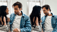 a man and a woman are sitting on a bed and talking to each other