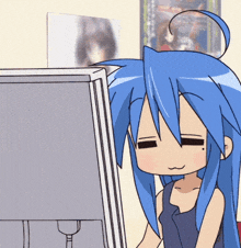 a cartoon girl with blue hair is looking at a computer screen
