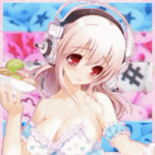 a girl with headphones on is holding a plate
