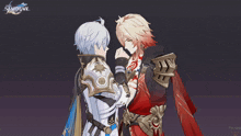 two anime characters are standing next to each other with the words eternal written on the bottom right