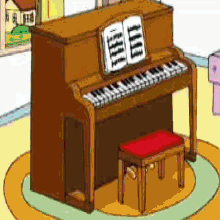 a cartoon drawing of a piano and a bench in a living room .