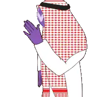 a cartoon character wearing a purple scarf and a white shirt with a w on his face